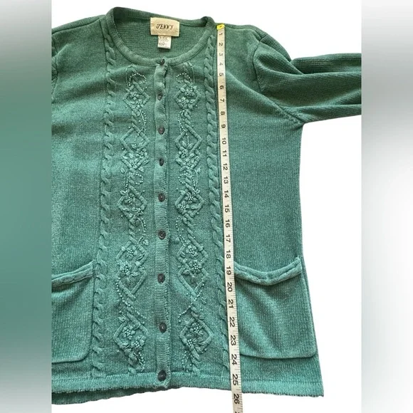 Vintage Jenny Teal Granny Core Button Pockets Beaded Knit Cardigan Size Medium - Picture 11 of 13